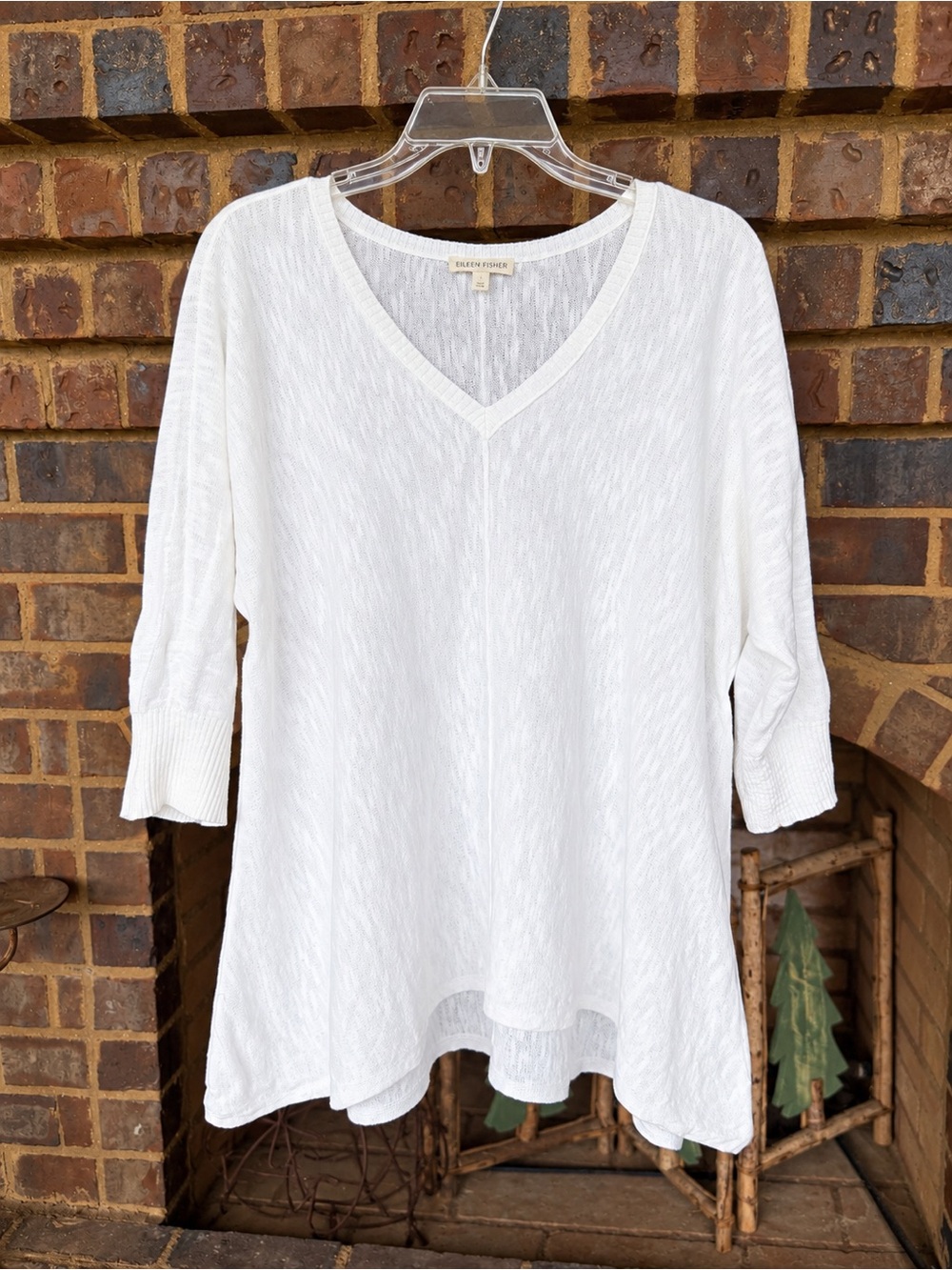 Eileen Fisher Organic Linen Cotton Sweater M White V Neck 3/4 Sleeve Tunic